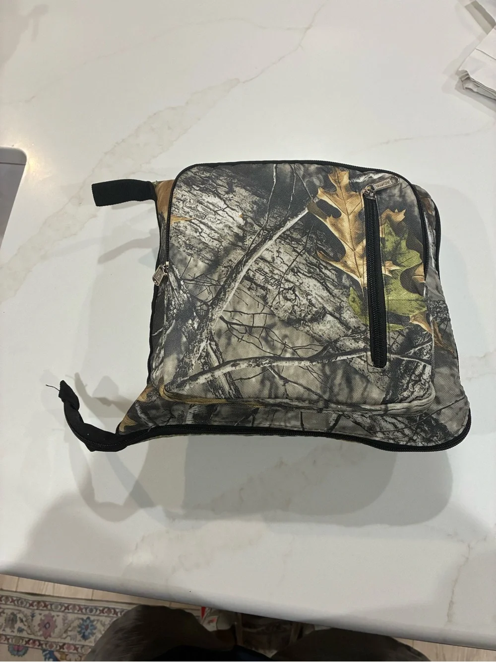 10 pocket Camouflage Duffel Bag with Black Straps, liquid & shoe, compartments